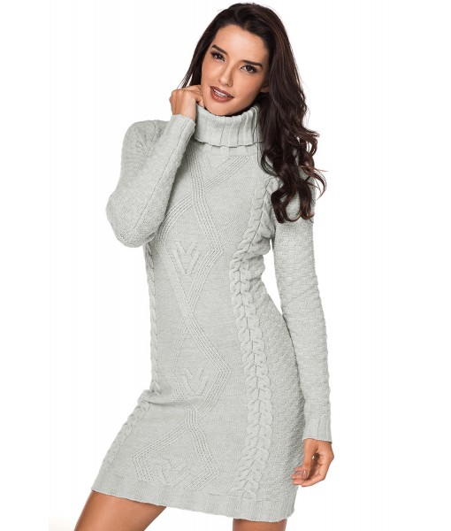 Grey Stylish Pattern Knit Turtleneck Sweater Dress