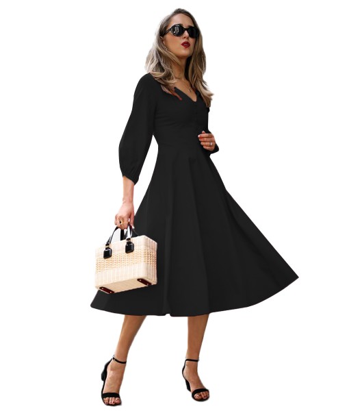 Black Button Front Balloon Sleeve Vintage Dress