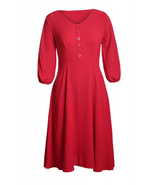 Red Button Front Balloon Sleeve Vintage Dress