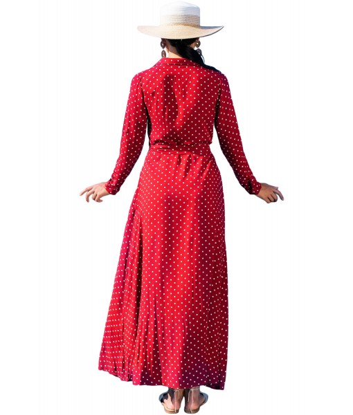 Red Polka Dot Button Down Maxi Shirt Dress