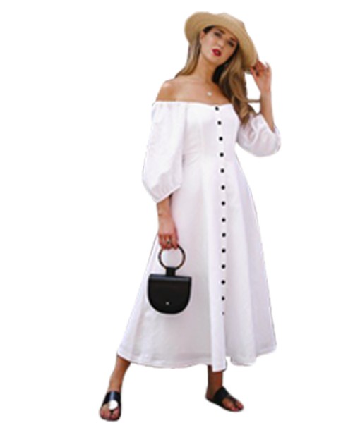 White Off Shoulder Puff Sleeve Button Front Vintage Dress