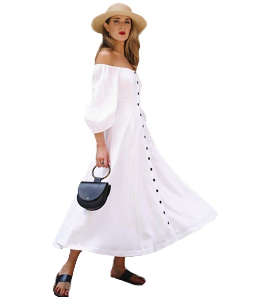 White Off Shoulder Puff Sleeve Button Front Vintage Dress