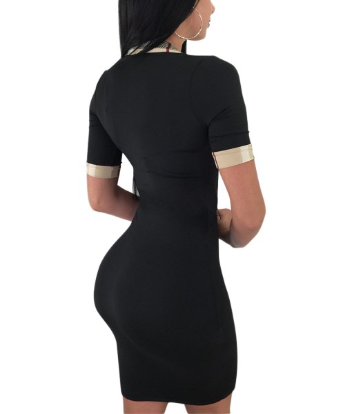 Black Turndown Collar Short Sleeves Sheath Dress