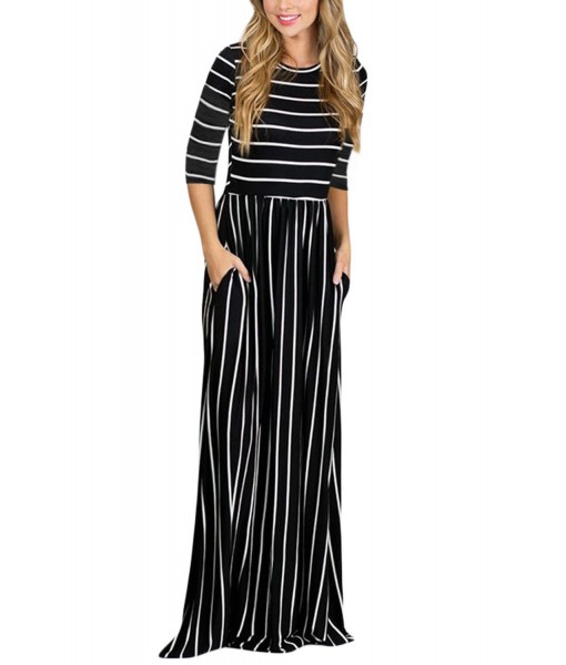 Black White Striped Casual Pocket Style Maxi Dress