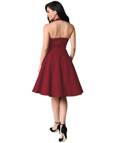 Burgundy Cross Halter Vintage Flare Dress