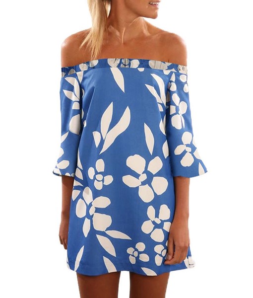 Blue Off Shoulder Floral Print Boho Dress