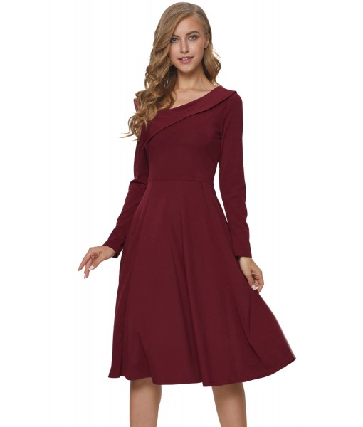 Burgundy Retro Inspired Asymmetric Collar Flared Dress