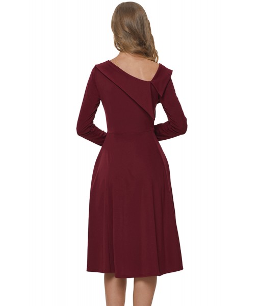 Burgundy Retro Inspired Asymmetric Collar Flared Dress