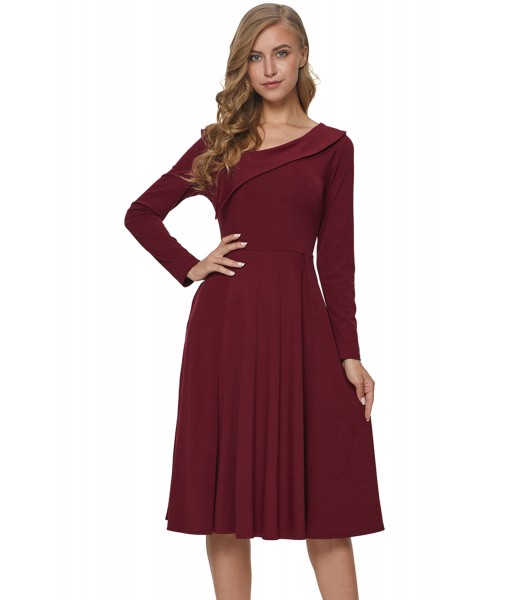 Burgundy Retro Inspired Asymmetric Collar Flared Dress