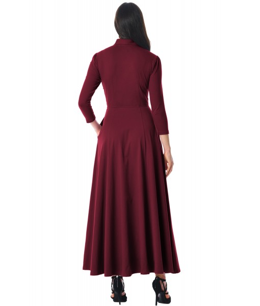 Burgundy Pocketed 3/4 Sleeves Tie Neck Maxi Dress