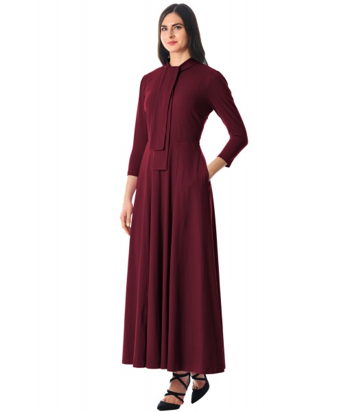 Burgundy Pocketed 3/4 Sleeves Tie Neck Maxi Dress