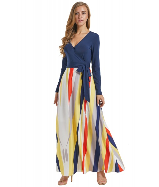 Blue Long Sleeve Yellowish Striped Skirt Maxi Dress