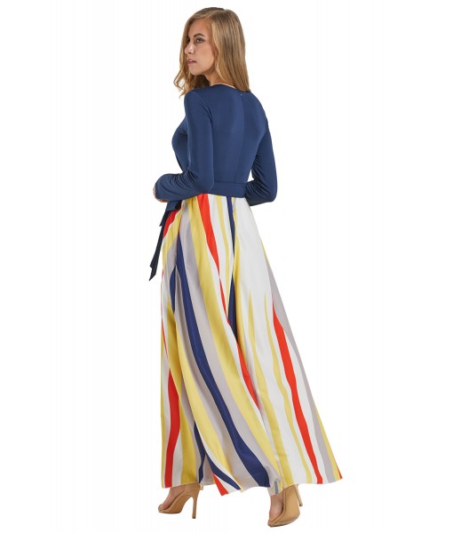 Blue Long Sleeve Yellowish Striped Skirt Maxi Dress