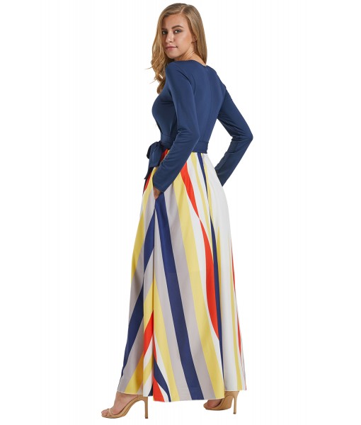 Blue Long Sleeve Yellowish Striped Skirt Maxi Dress