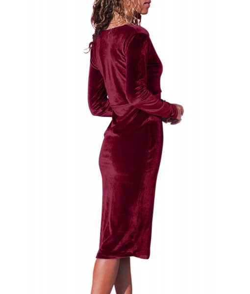 Burgundy V Neck Sleek Velvet Midi Dress