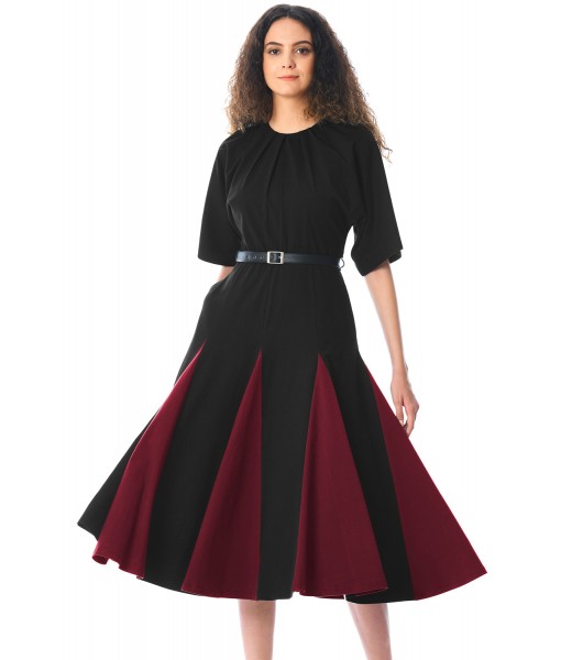 Black Burgundy Godet Colorblock A-line Midi Dress