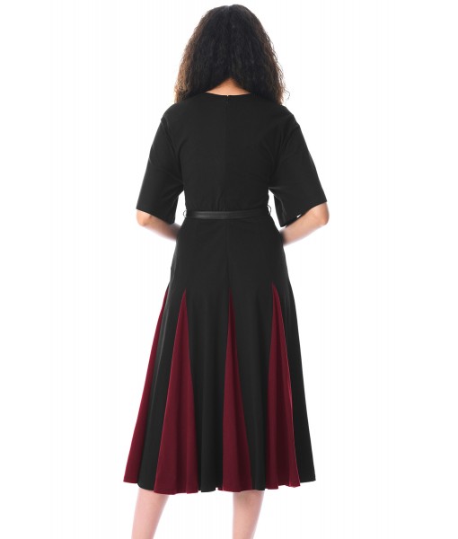 Black Burgundy Godet Colorblock A-line Midi Dress