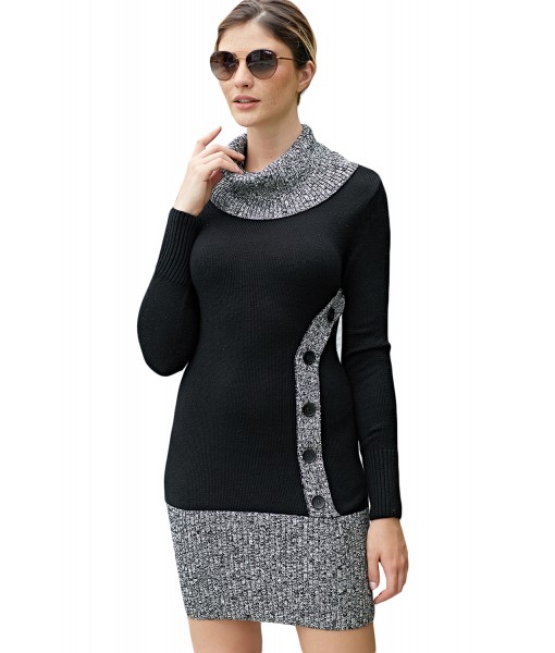 Black Gray Button Front Sweater Dress