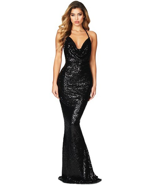 Black Daring Bare Back Sequined Mermaid Gown