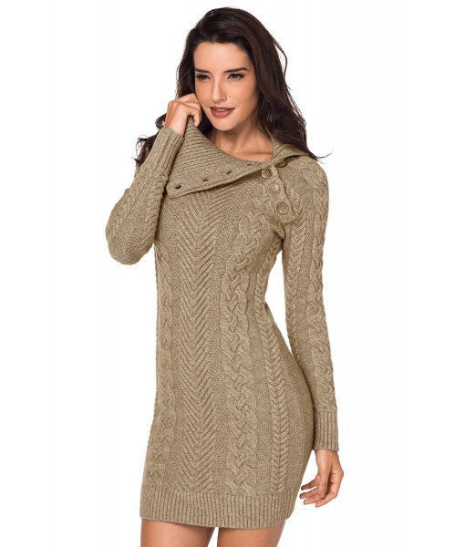 Asymmetric Buttoned Collar Apricot Bodycon Sweater Dress