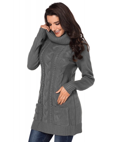 Gray Cowl Neck Cable Knit Sweater Dress