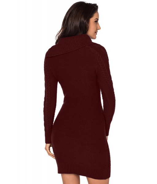 Asymmetric Buttoned Collar Burgundy Bodycon Sweater Dress