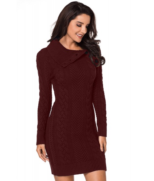 Asymmetric Buttoned Collar Burgundy Bodycon Sweater Dress