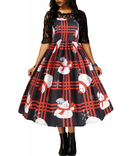 Vintage Snowman Plaid Christmas Print Flared Dress